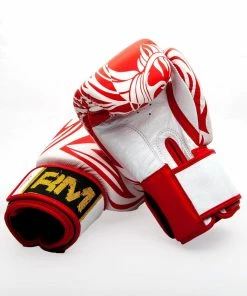 RingMaster Sports Genuine Leather Boxing Gloves White And Red Patterned