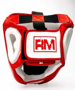 RingMaster Sports Boxing HeadGuard Genuine Leather Red And White