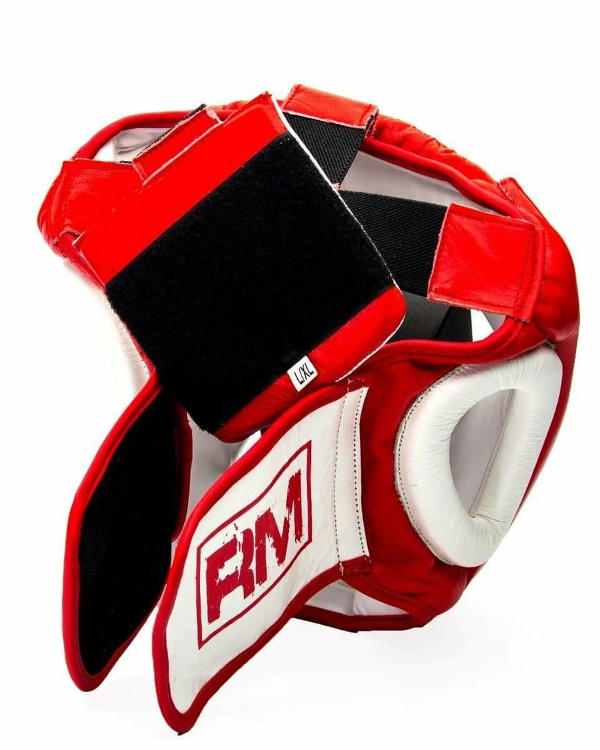 RingMaster Sports Boxing HeadGuard Genuine Leather Red And White