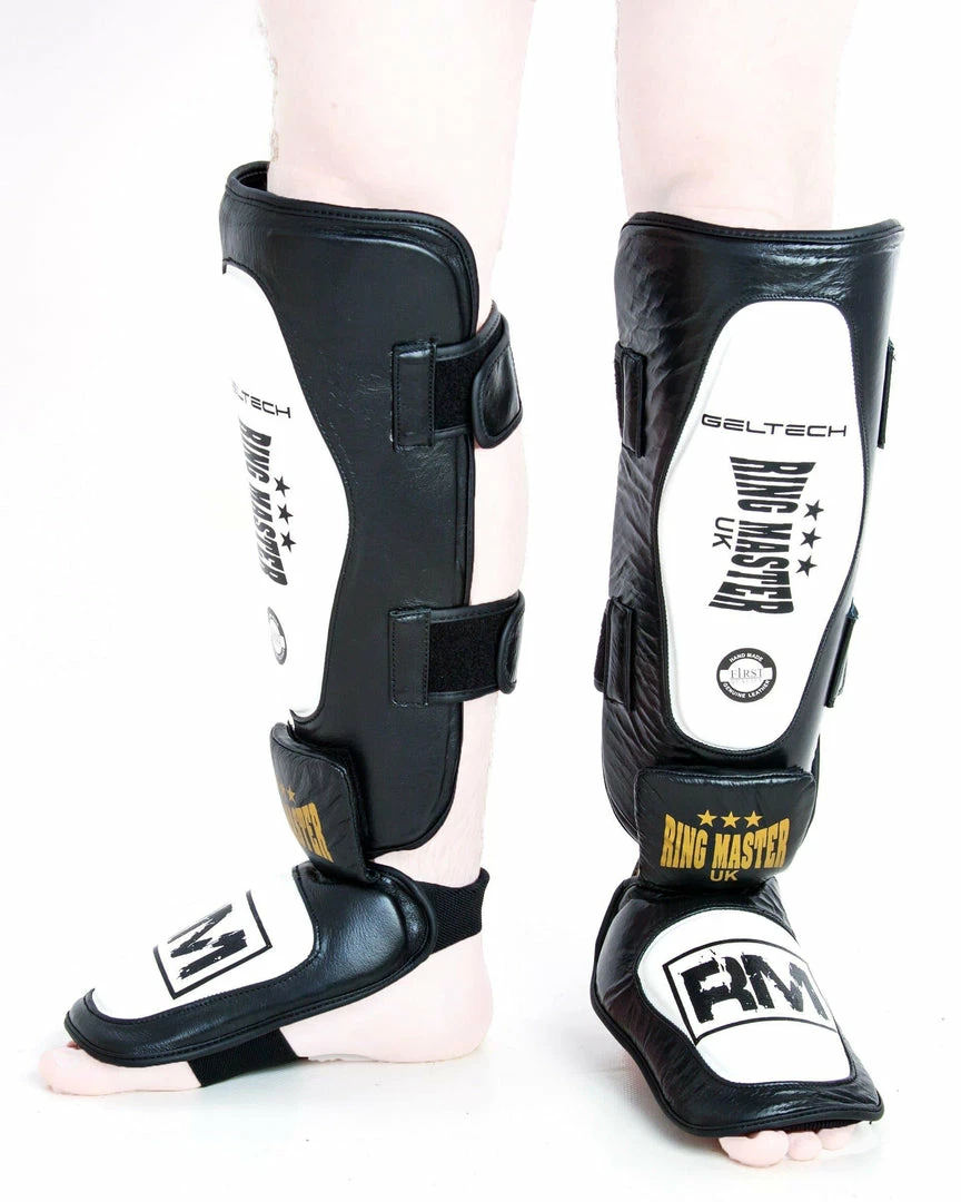 RingMaster Sports RingMaster Shin Instep Guard Genuine Leather White And Black