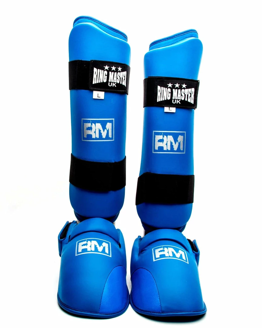 RingMaster Sports Synthetic Leather Karate Shin Instep Guards Blue Martial Arts