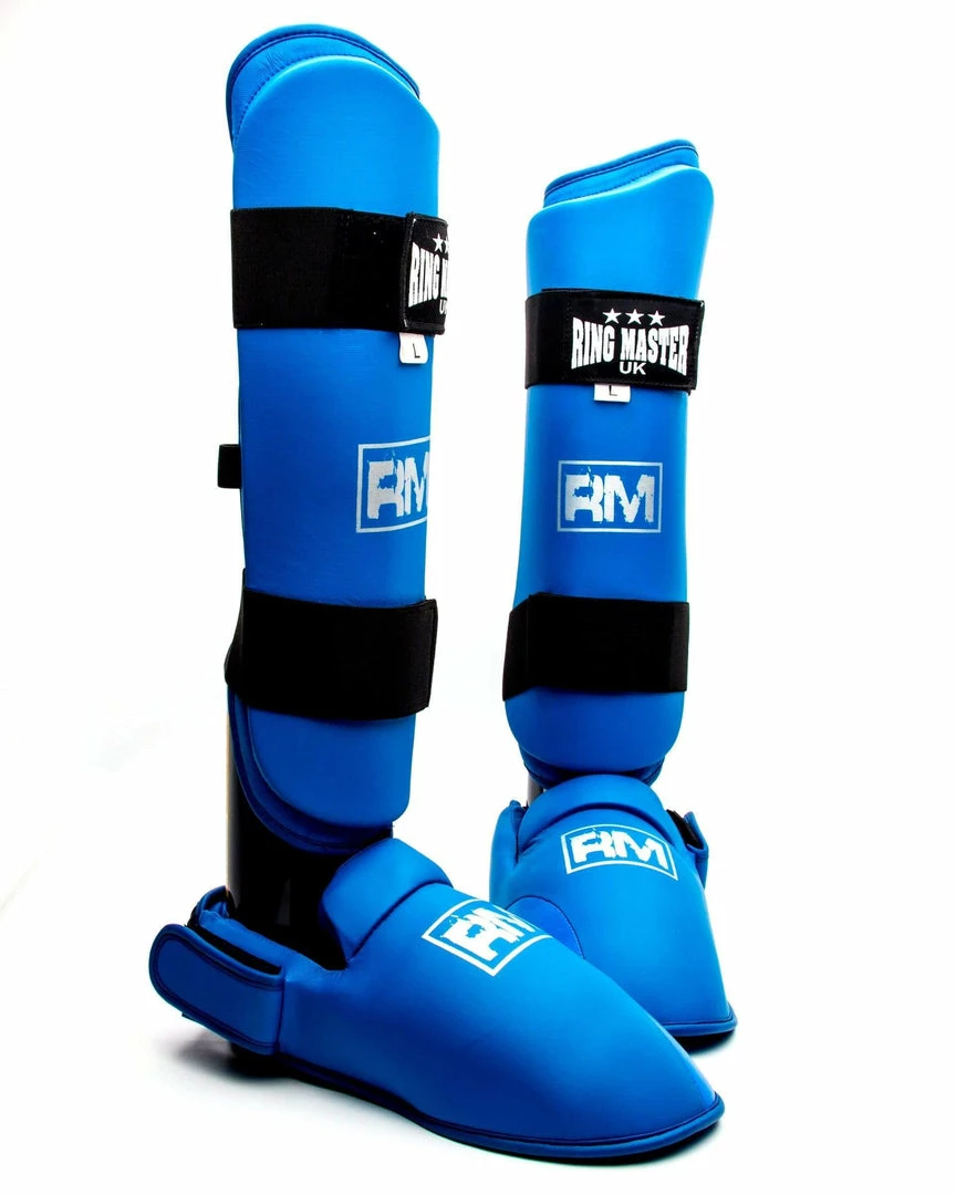 RingMaster Sports Synthetic Leather Karate Shin Instep Guards Blue Martial Arts