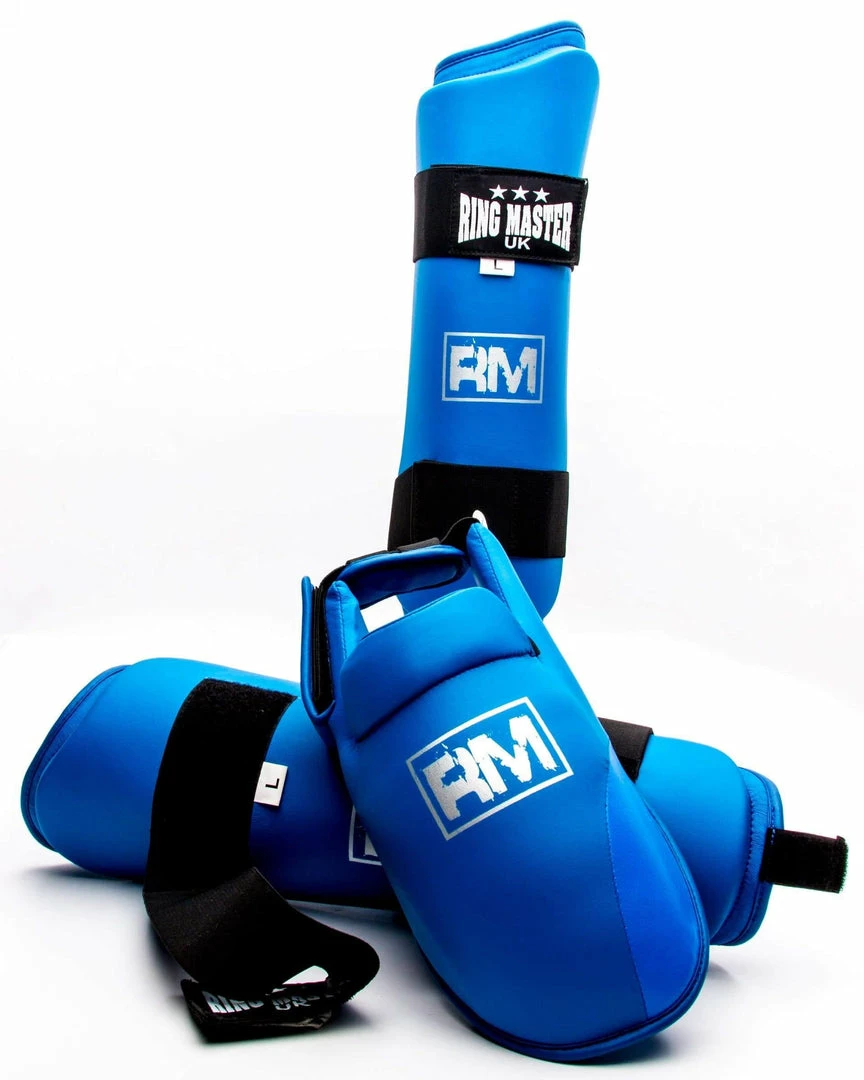 RingMaster Sports Synthetic Leather Karate Shin Instep Guards Blue Martial Arts
