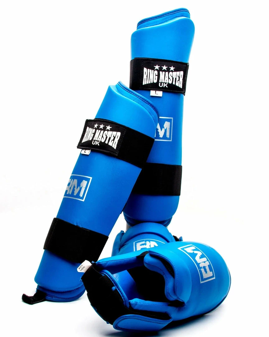RingMaster Sports Synthetic Leather Karate Shin Instep Guards Blue Martial Arts