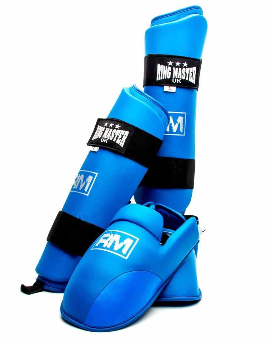 RingMaster Sports Synthetic Leather Karate Shin Instep Guards Blue Martial Arts