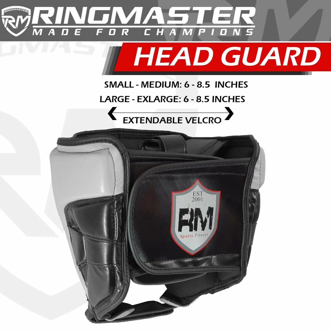 RingMaster Sports Boxing HeadGuard Synthetic Leather Silver And Black