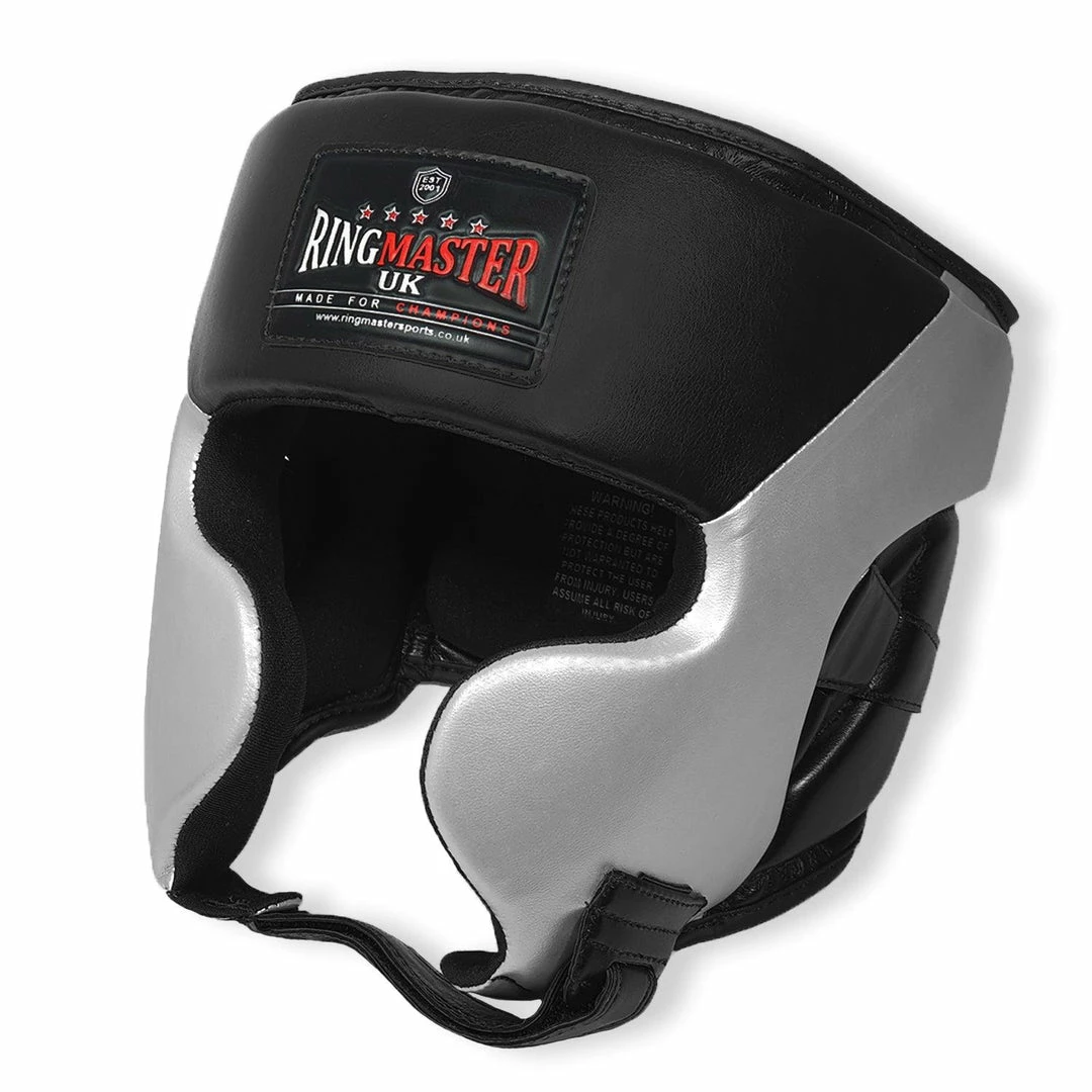 RingMaster Sports Boxing HeadGuard Synthetic Leather Silver And Black
