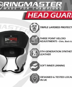 RingMaster Sports Boxing HeadGuard Synthetic Leather Silver And Black