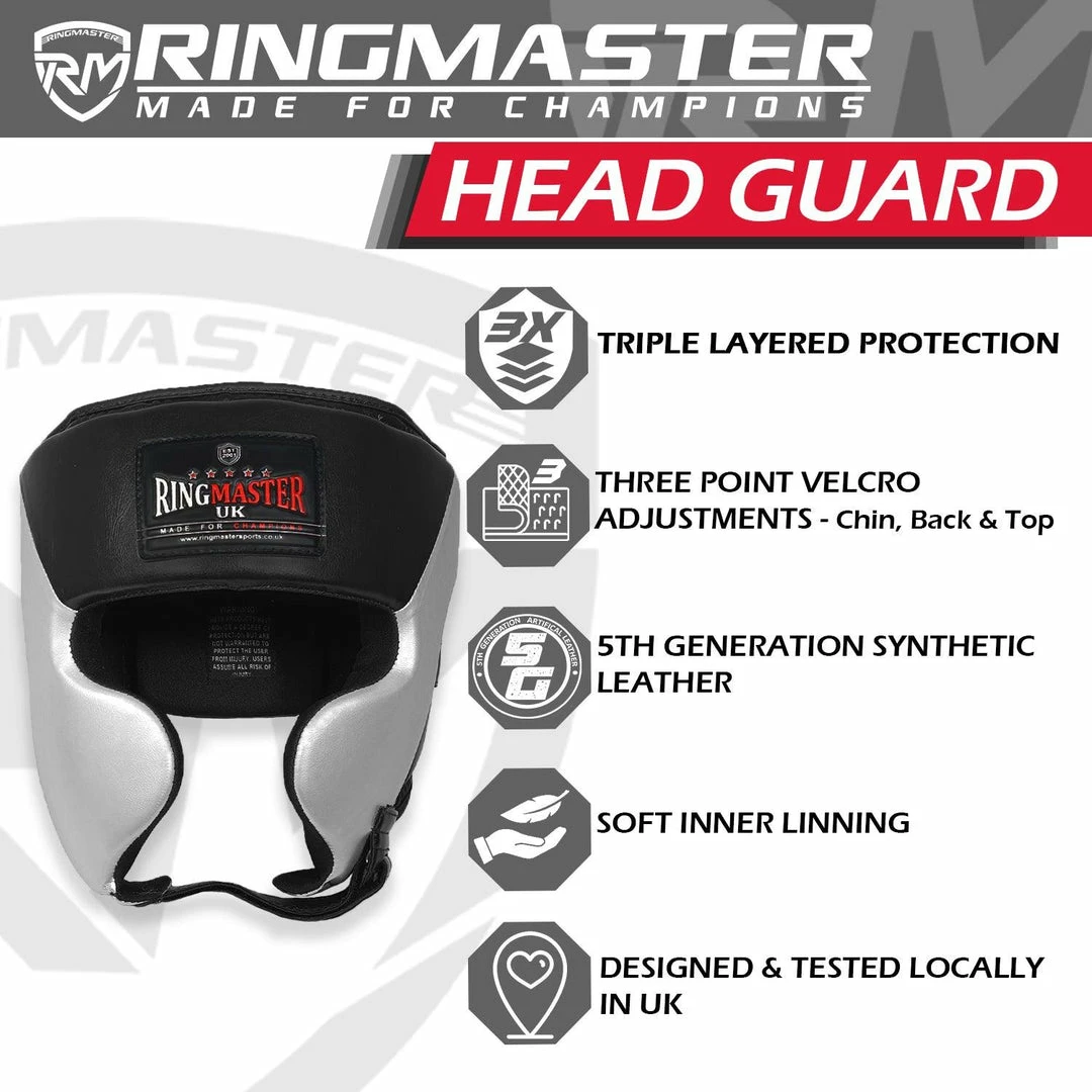 RingMaster Sports Boxing HeadGuard Synthetic Leather Silver And Black