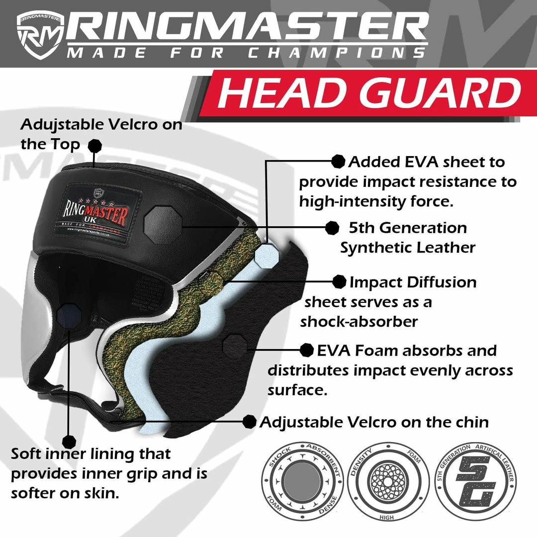 RingMaster Sports Boxing HeadGuard Synthetic Leather Silver And Black