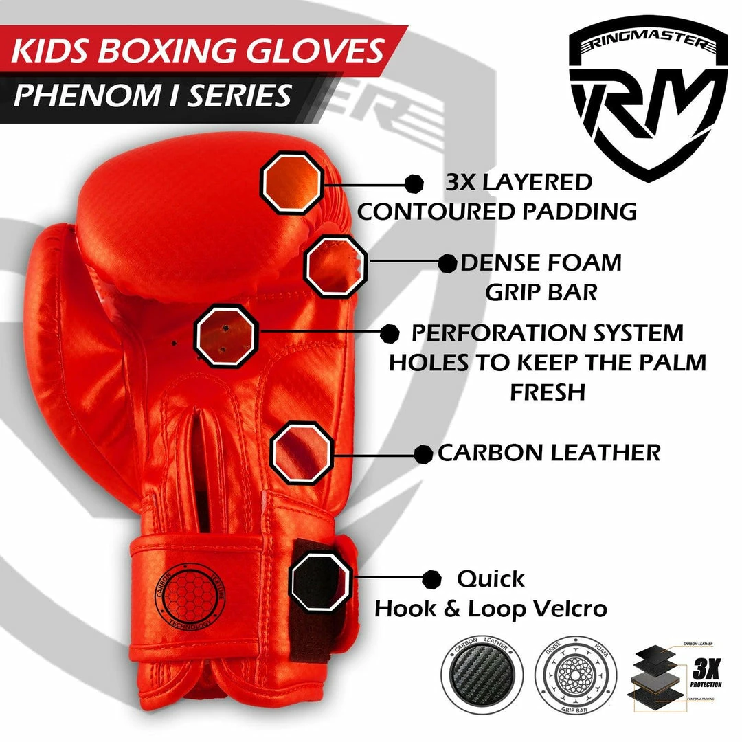 RingMaster Sports - Phenom 1 Kids Boxing Gloves CarbonTech Red