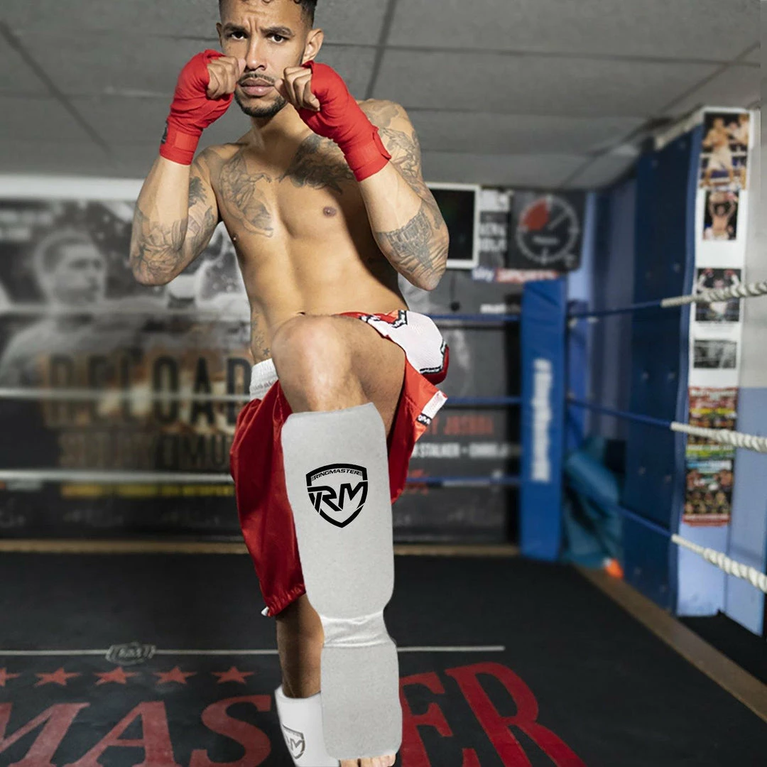 RingMaster Sports Elastic Shin & Instep Pads White Kickboxing