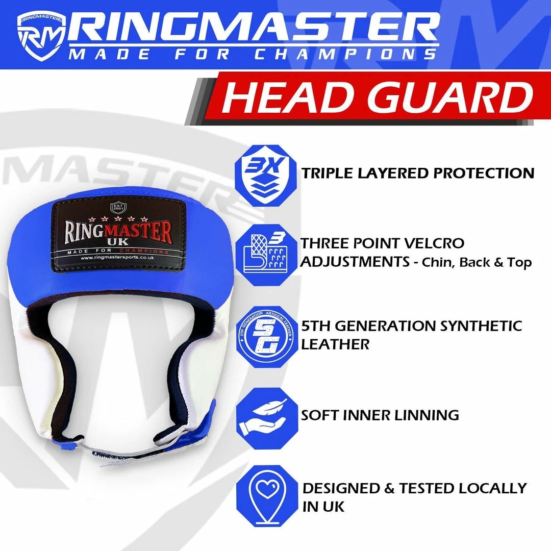 RingMaster Sports Boxing HeadGuard Synthetic Leather Blue And White