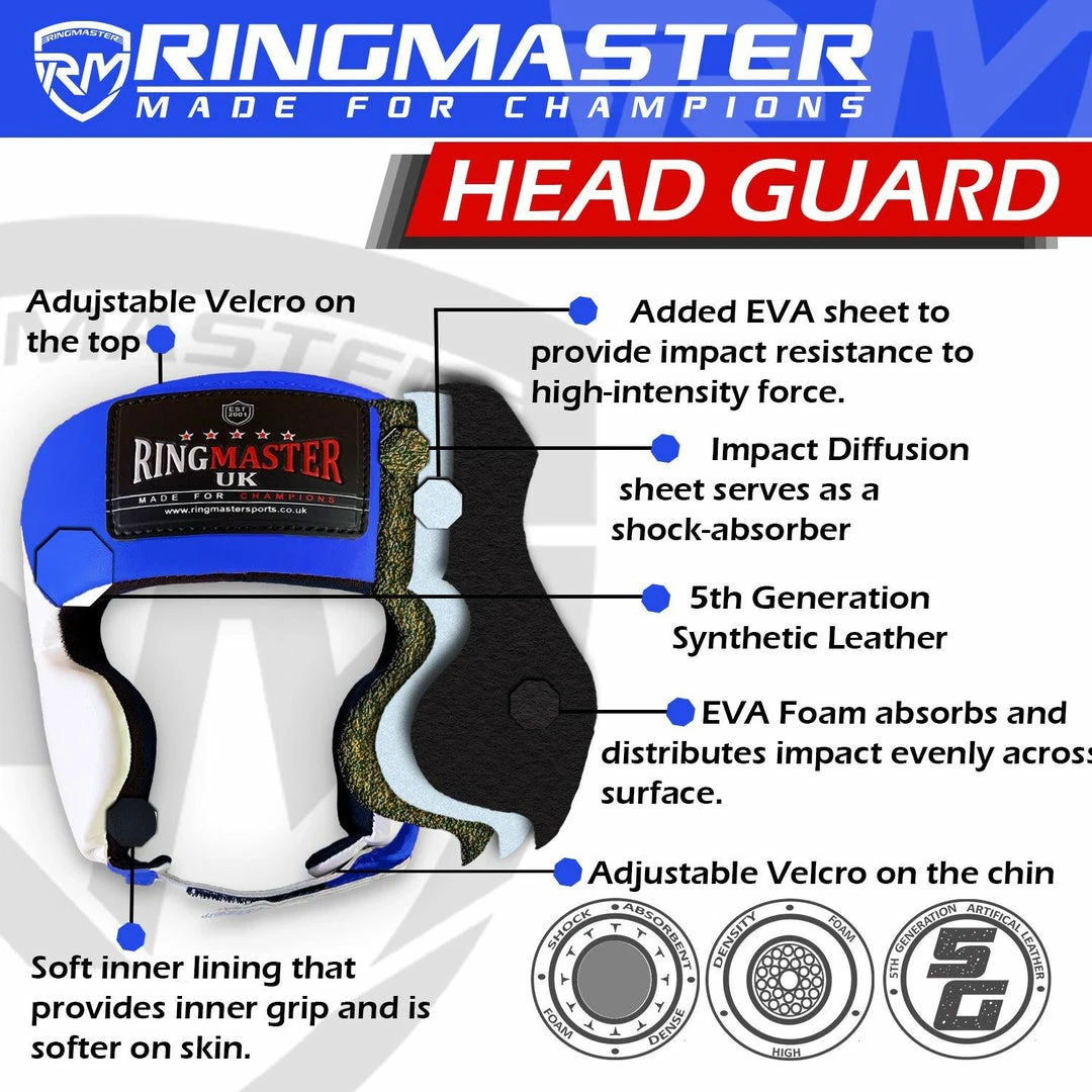 RingMaster Sports Boxing HeadGuard Synthetic Leather Blue And White