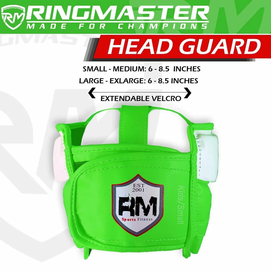 RingMaster Sports Boxing HeadGuard Synthetic Leather Green And White