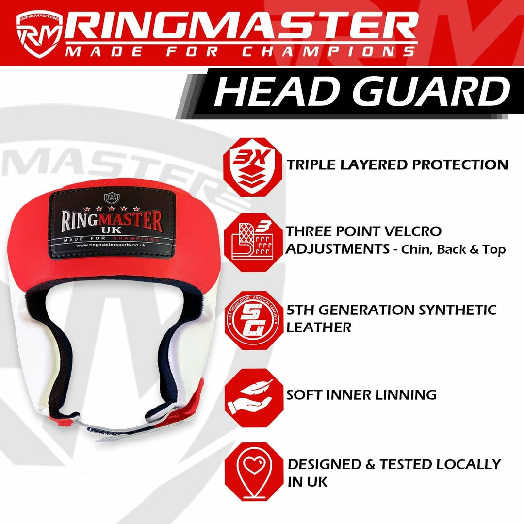 RingMaster Sports Boxing HeadGuard Synthetic Leather Red And White